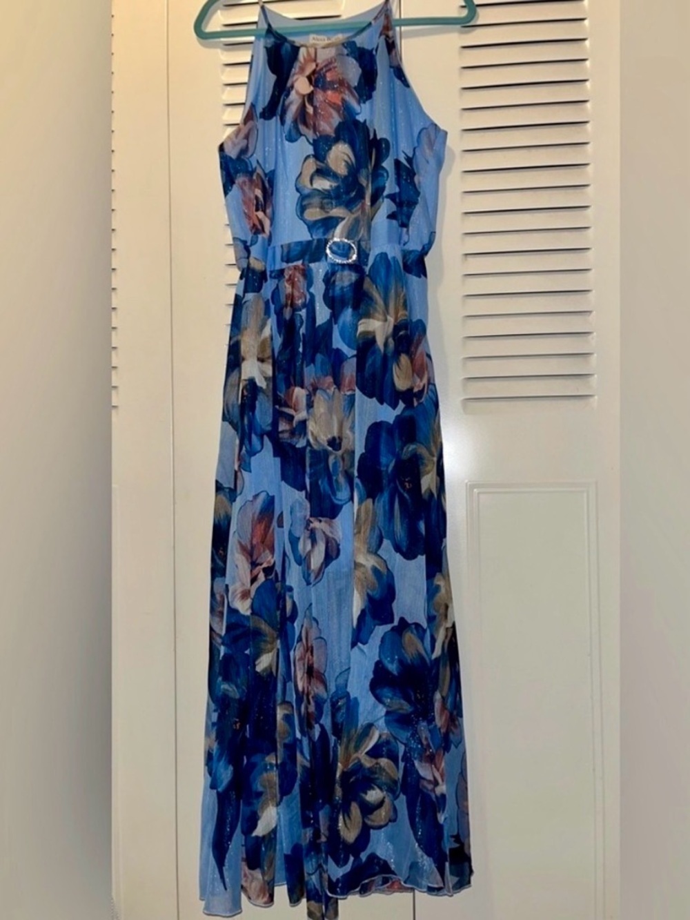 Alexa B Nites Blue Floral Mesh Halter Maxi Dress Rhinestone Buckle 12P